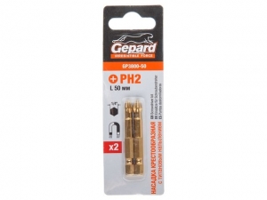 Насадка крестообразная PH2 50мм  2шт с титановым напылением GEPARD (GP3800-50) (бита Phillips сталь S2 магнитная TIN покрытие)