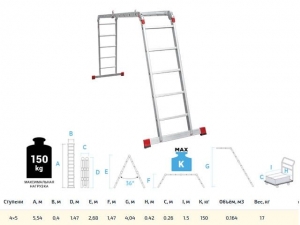Лестница алюм. многофункц. трансформер 4х5 ступ., шир. 400 мм, 16,8кг NV3320 Новая высота (Без настила. Максимальная нагрузка - 150 кг) (Новая Высота)