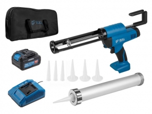 Аккум. пистолет для герметика BULL CG 1860 SET(1х4), сумка, 300/600 мл, 2500 Н, 8,3 мм/с, рег. скор. (защита от вытекания, 2 кг, 2 тубы в комплекте)